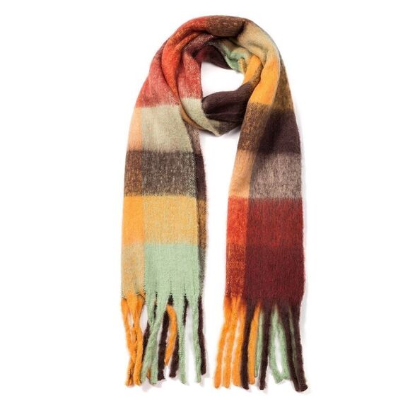 Yellow and Brown CHUNKY CHECKERED SCARF WITH FRINGE - Picture 1 of 6